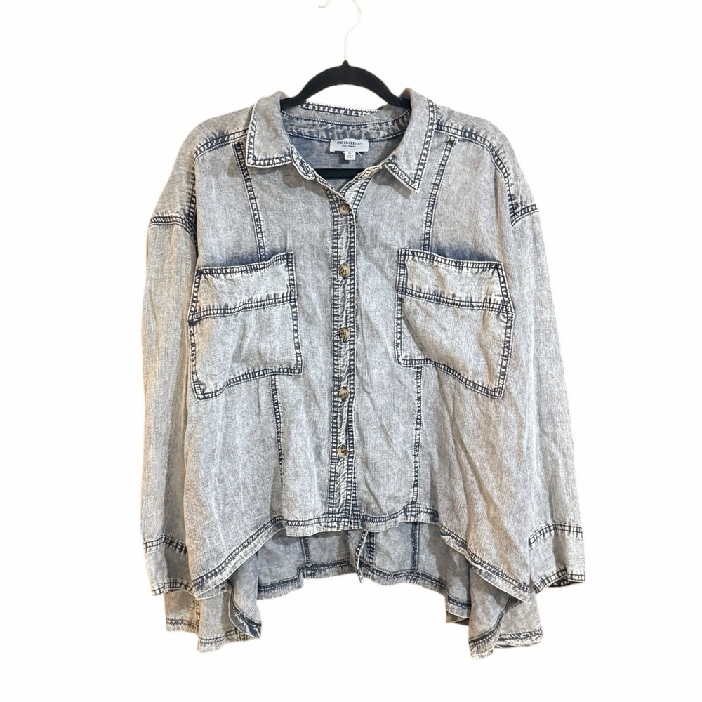 eesome snow washed button down denim top.